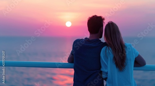 A romantic couple stands on a boat deck leaning on a railing and admiring a stunning ocean sunset with vivid pink and orange hues painting the sky
