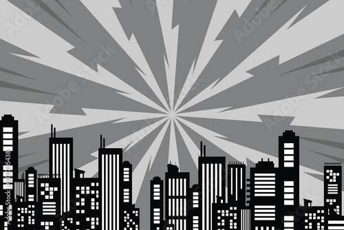 Retro Comic Book City Silhouette Explosion Backdrop