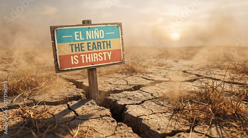 El Niño Warning Sign in Extreme Drought Cracked Earth. Conceptual Climate Change and Global Warming Environment Concept.