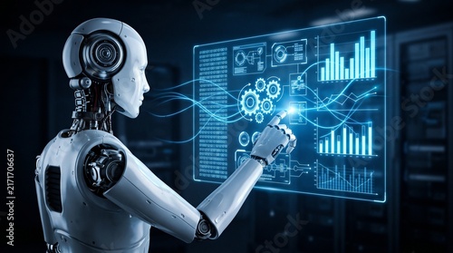 Sleek humanoid robot interacting with floating blue holographic dashboard showing data analytics and industrial gears in professional server room environment