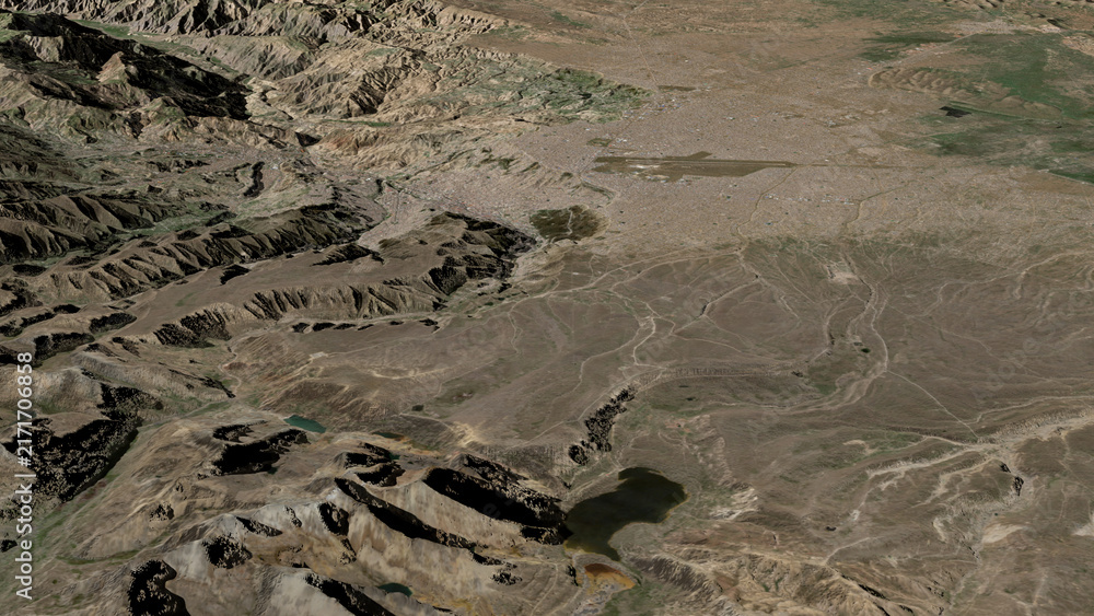 Obraz premium 3D illustration of La Paz, Bolivia (Plurinational State of). Contains modified Copernicus Sentinel data (2023). Surface/elevation: ESA/Copernicus.