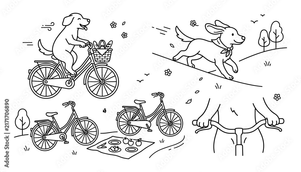 Fototapeta premium Dogs Riding Bicycles and Running in a Park Scene Featuring Dog, Bicycle