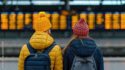 Two travelers seen from behind in colorful winter wear with backpacks consult a brightly lit departure board at a busy train station to plan their journey