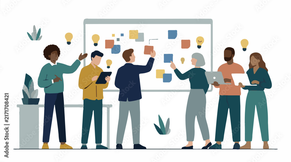 Obraz premium Diverse business team collaborating on a whiteboard with sticky notes and lightbulbs, planning and brainstorming ideas.