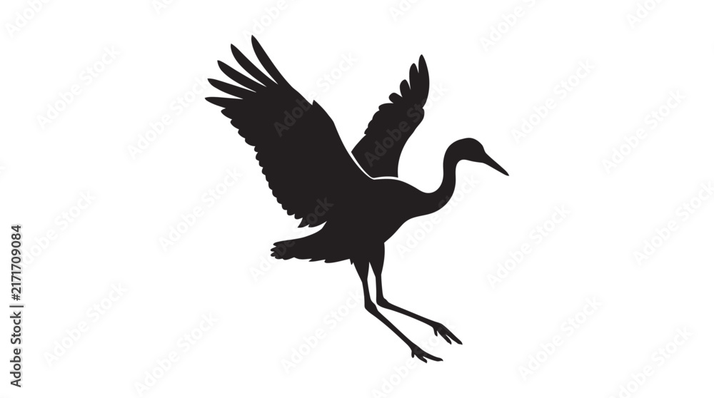 Naklejka premium Black crane silhouette with outstretched wings against a white background silhouette