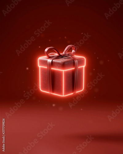 Neon glow wraps a gift box with elegant ribbon. Red hues create warmth and festive allure. Subtle particles float in soft ambient light. Ideal for holiday, gift, or celebration themes