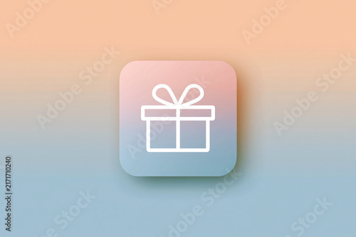 Pastel gradient background with soft pink to blue transition. White gift box icon centered on rounded square. Sleek line art with ribbon bow above the box