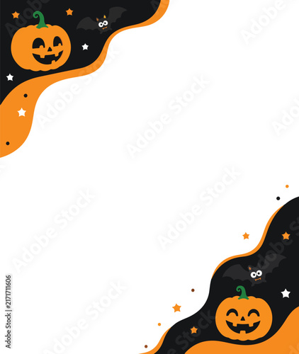 Spooky Halloween corner border frame with smiling pumpkins and bats