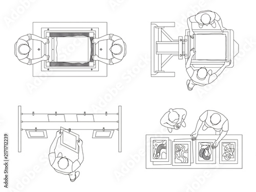 Architectural top view plan of professional people working at office desks and layout stations