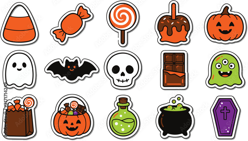 Fototapeta premium Collection of halloween spooky icons and sweet treats in sticker format