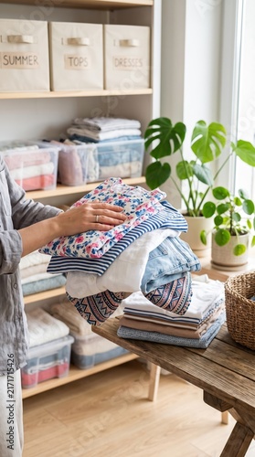 Woman holding stack of clean folded clothes near storage boxes on shelf at home. Laundry chores and wardrobe organization concept. Seasonal summer clothes storage and tidying.
