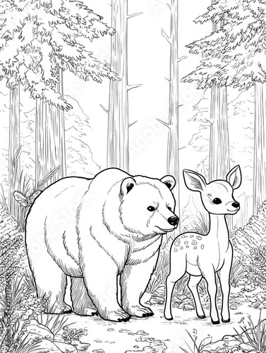 Gentle bear and fawn share serene forest moment surrounded by lush greenery