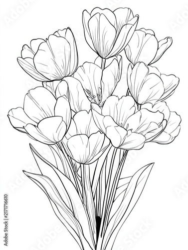 Delicate bouquet of tulips showcases intricate linework and graceful petals inviting creativity