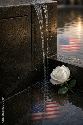 Serene water flows over memorial, reflecting white rose and American flag colors