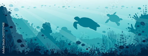 Underwater seascape with marine life. Blue ocean image. Vector illustration with silhouette of coral reef, turtles and fish.
