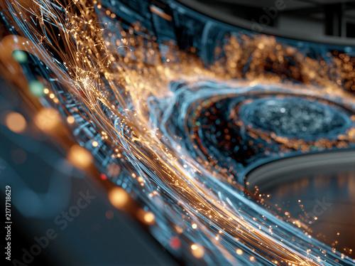 Enterprise hub with curved screens showing glowing holographic nodes and data streams. Cinematic blue and amber lighting in a dark IT space, ideal for corporate tech marketing with left copy space.