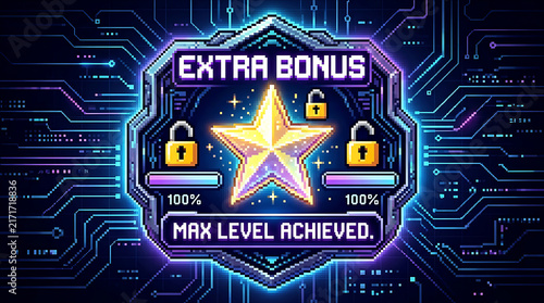 Obraz na płótnie Pixel Art Extra Bonus and Max Level Achieved Interface Badge