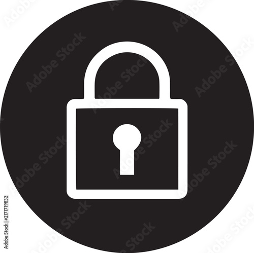 White outline closed padlock inside a solid black circle security icon vector design