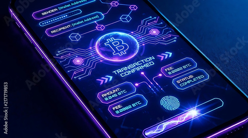 Smartphone screen showing confirmation of a digital cryptocurrency transaction featuring vibrant neon graphics and high tech blockchain elements
