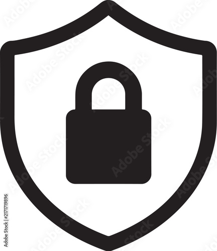 Solid closed padlock without keyhole inside an outline security shield icon vector design