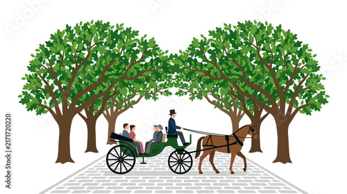 Canvas Print Horse Drawn Carriage with Passengers on Cobblestone Path Under Trees