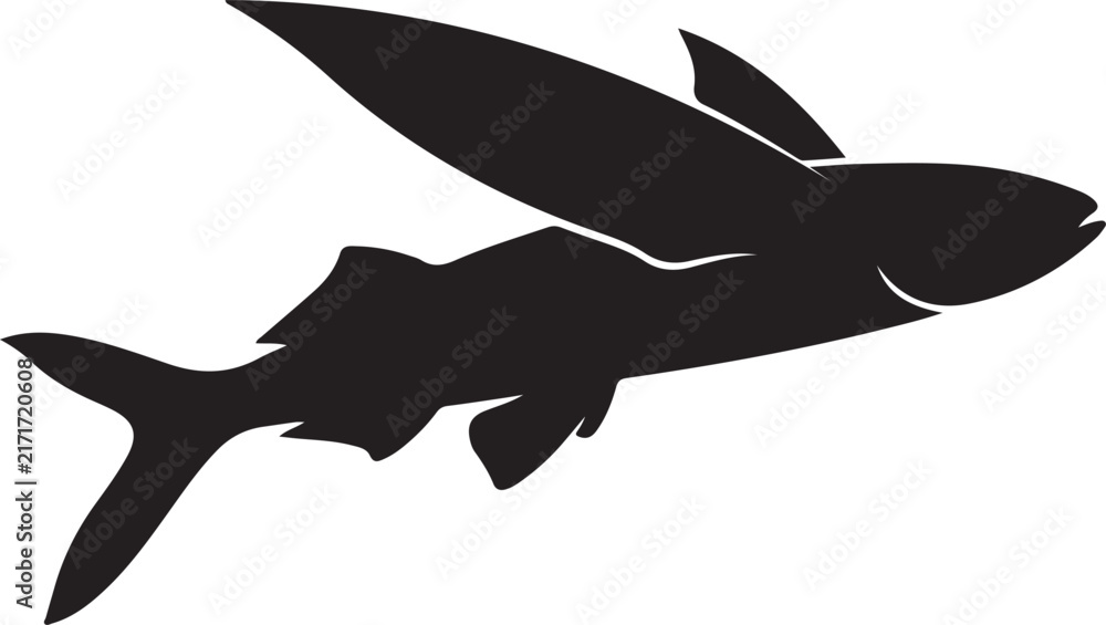 Obraz premium Flying fish swims through the current with its fins spread wide in this minimalist black silhouette.