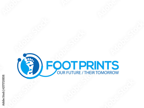 Footprints logo with globe and circular dot pattern blue on white