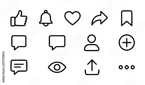 Social Media Icons Set with Like, Comment, Share, and Notification Symbols Featuring Bell, Heart