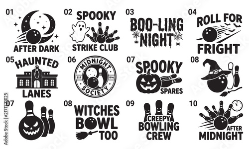Collection of ten black and white halloween bowling themed badges featuring ghosts, pumpkins, bowling balls, pins, and spooky typography for holiday party apparel and decals