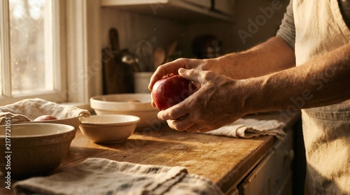 Hands Picking Up A Red Apple In A Rustic Kitchen Preparation Setting