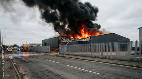 Massive warehouse building engulfed in intense flames with thick black smoke rising against a grey cloudy sky as firefighters and emergency vehicles respond to the dangerous industrial fire