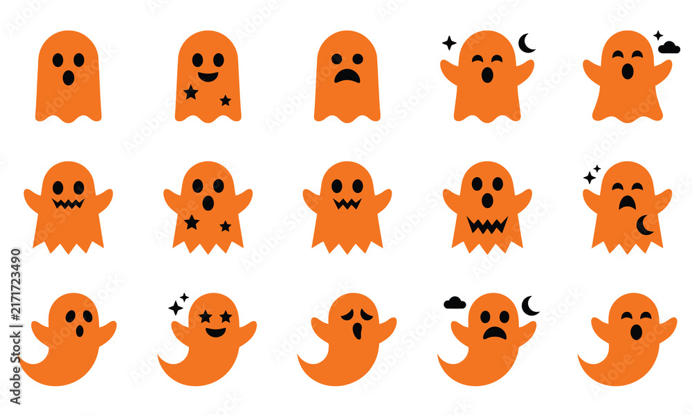 Fototapeta premium Set of cute orange ghost characters with various funny facial expressions for halloween holiday design and digital stickers