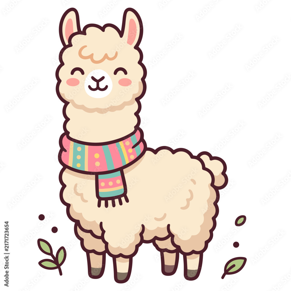 Naklejka premium Cute Cartoon Alpaca Wearing a Colorful Striped Winter Scarf Illustration