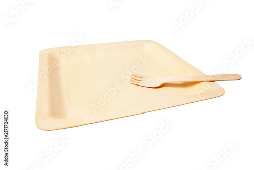 Empty Square Wooden Plate and Fork Isolated