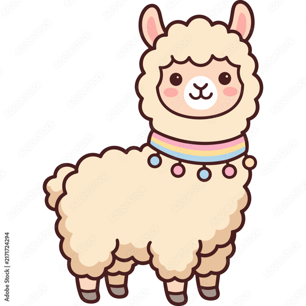 Naklejka premium Kawaii white alpaca character with colorful necklace and fluffy fur vector illustration