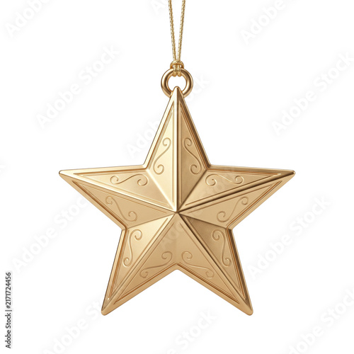 Isolated Elegant Golden Five Point Christmas Star Ornament