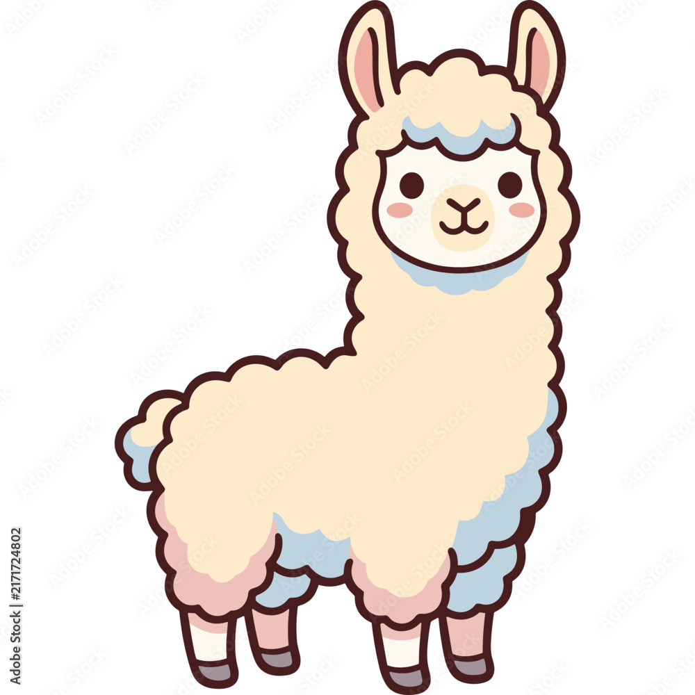 Naklejka premium Cute Fluffy Llama Illustration Featuring Kawaii Style Cream Colored Wool and Friendly Expression on Plain White Background