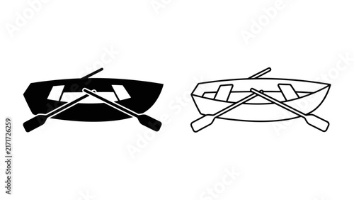 Фотография Rowboat Duo: A classic rowboat is presented in both solid black silhouette and outline illustration, complete with oars, ready for an aquatic adventure on calm waters