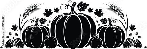 Black and white autumn harvest border with pumpkins, acorns, and wheat