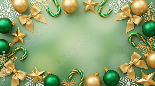 Christmas background with gold and green baubles stars and candy canes forming a frame
