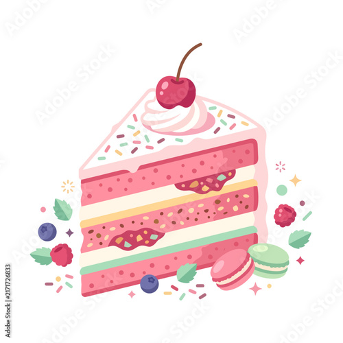 A delicious slice of layered pink cake with cherry and macarons.