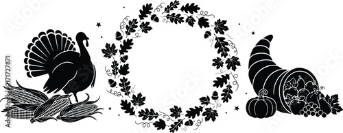 Thanksgiving silhouette with turkey, corn, wreath, and cornucopia