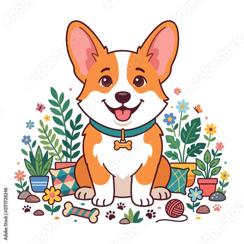 Cute cartoon corgi dog sitting surrounded by colorful potted plants and toys.