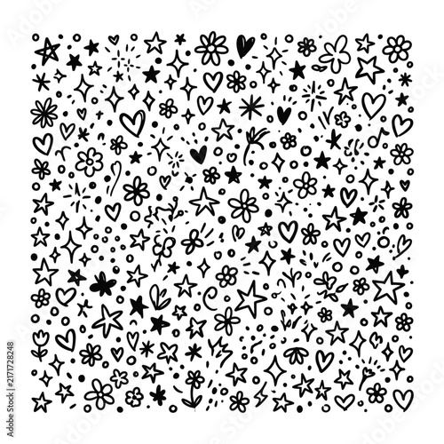 Hand drawn doodle pattern with cute stars hearts and flowers in black and white.