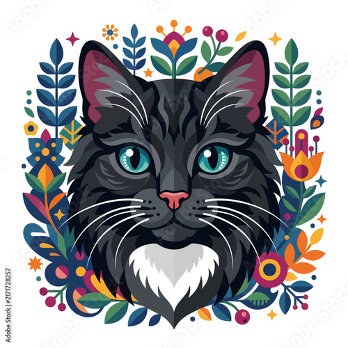 Decorative illustration of a black cat face surrounded by colorful folk art flowers and leaves.