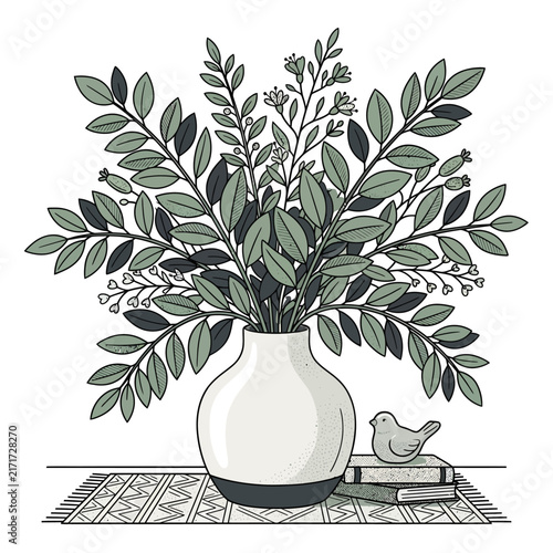 A beautiful hand drawn illustration of a green plant bouquet in a ceramic vase with a small bird figurine.