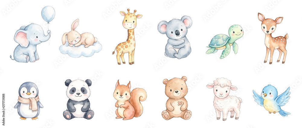 Fototapeta premium Cute Baby Animals Watercolor Clipart set featuring elephant, bunny, giraffe, koala, panda, bear and woodland characters isolated for nursery decor, baby shower graphics, and children stickers design.