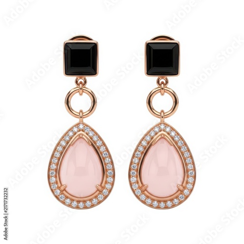 Elegant rose quartz and black onyx drop earrings with diamond accents
