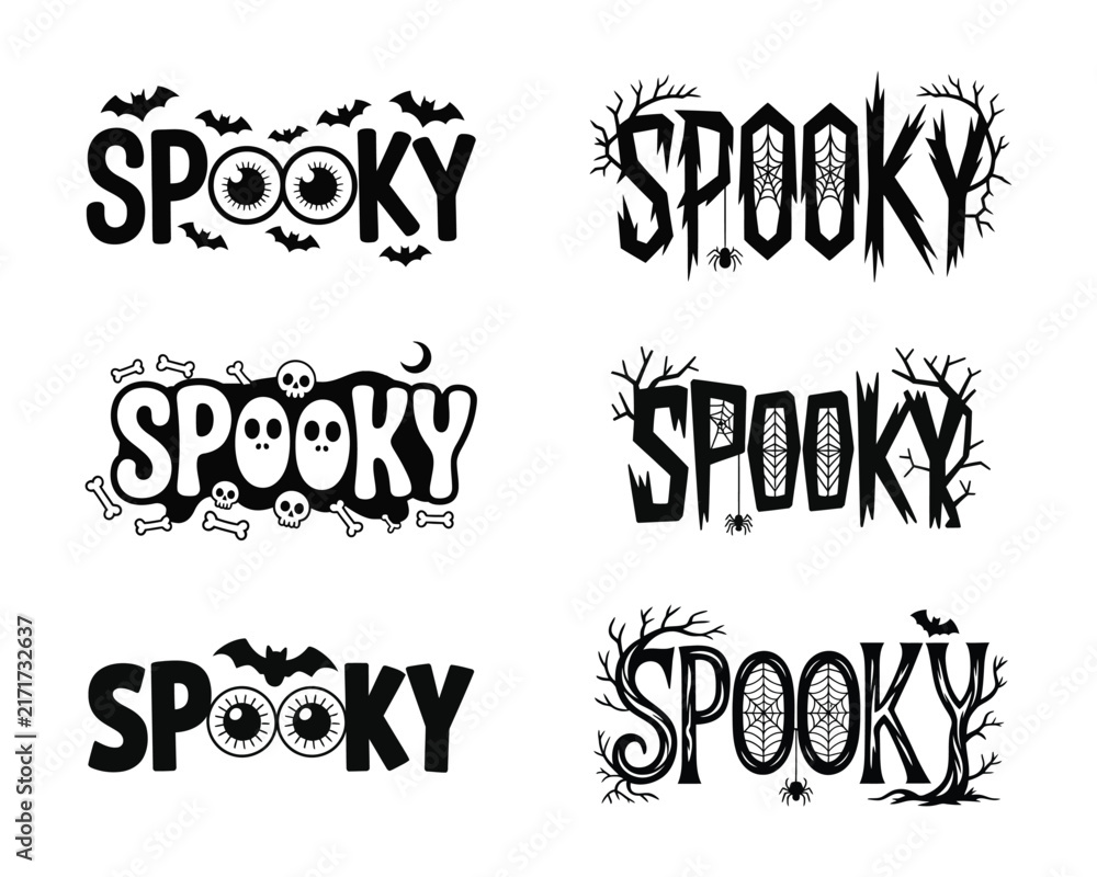 Fototapeta premium Spooky Halloween Text Lettering Vector Set Cute Ghost Bat Skull Design