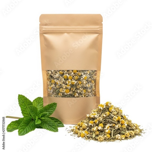 Herbal tea blend in a brown pouch with loose leaves and a mint sprig